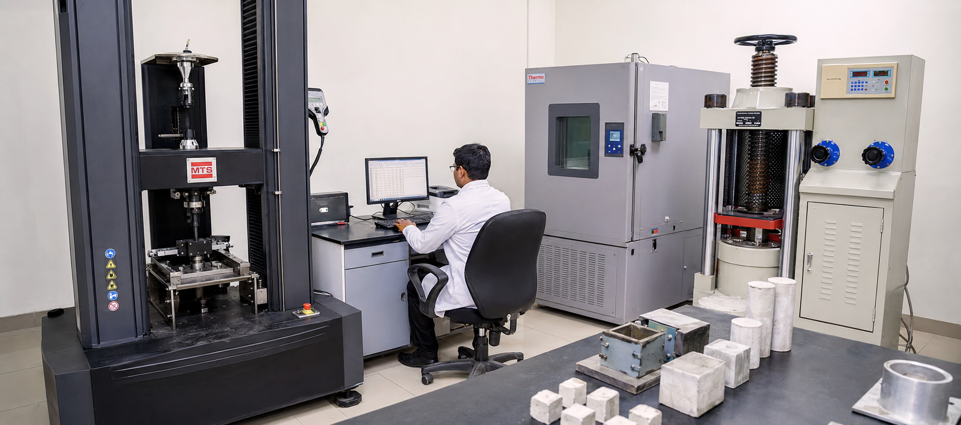 Cement testing laboratory with compression and universal testing machines